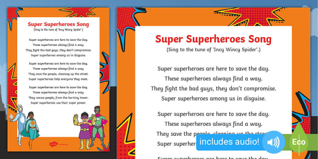 Superheroes. I am a superhero. Action song. Video . Mp3s. Lyrics . PPT ,  Worksheet .notes