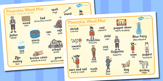 Pinocchio Word Mat Romanian Translation - Twinkl