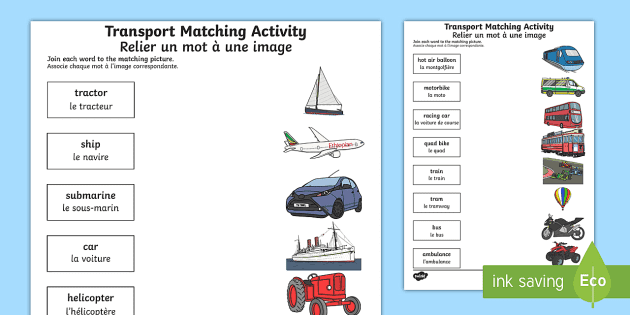 Transport Word And Picture Matching Worksheet English French Transport Word