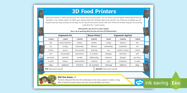 Speaking Challenge Card 3D Food Printers (teacher made)