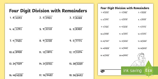 Four Digit Division with Remainders Worksheet Math 3 5