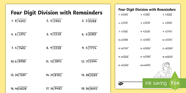 four digit division with remainders worksheet math