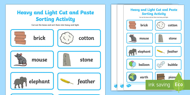 1 german worksheets grade heavy,  Sorting Activity and Heavy  Cut Paste light Light and