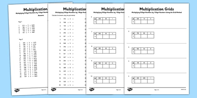 multiplying 3 digit numbers by 1 digit numbers using grid method worksheet