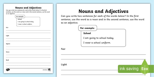 Nouns and Adjectives Activity Sheet (teacher made) - Twinkl