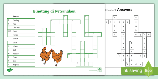 Farm Animals Crossword Indonesian (teacher made) - Twinkl