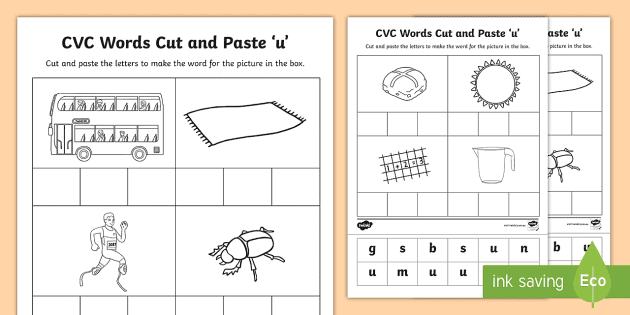 cvc u words cut and paste worksheets teacher made