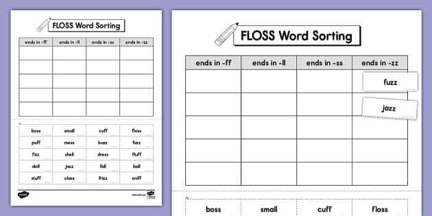 FLOSS Word Sorting Worksheet for K-2nd Grade (teacher made)