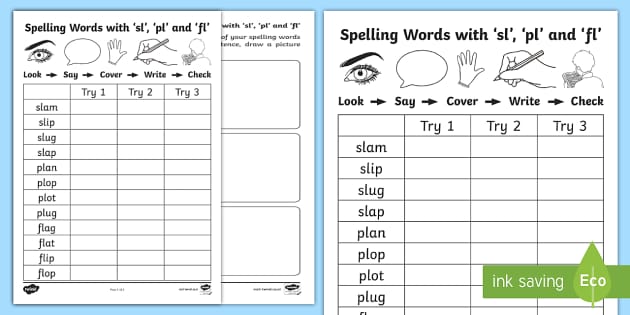 'sl', 'pl' and 'fl' Spelling List Worksheets (teacher made)