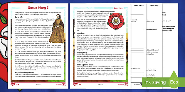 UKS2 Queen Mary I Differentiated Reading Comprehension Activity