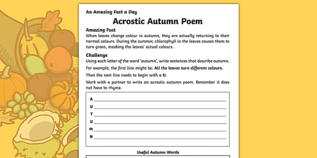 Autumn Acrostic Poem Worksheet Primary Resources Twinkl