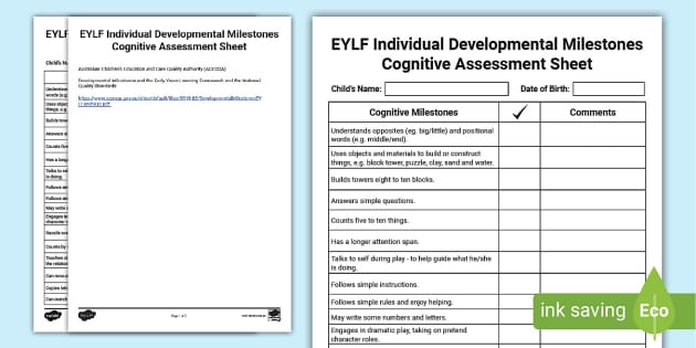 Eylf Individual Developmental Milestones Cognitive Assessment Sheet 6503