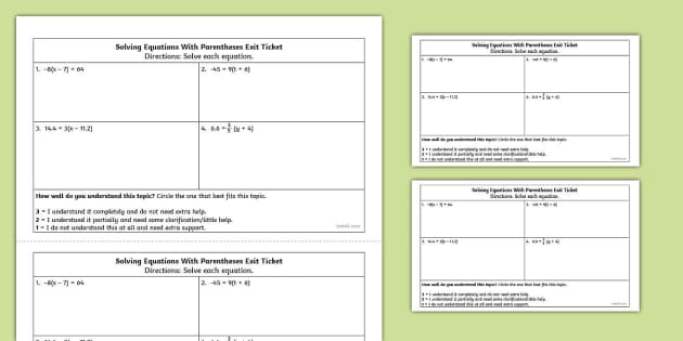 Seventh Grade Solving Equations with Parentheses Exit Ticket