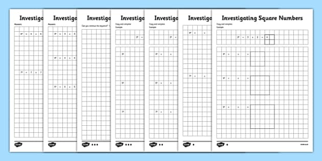 investigating square numbers worksheets primary resources