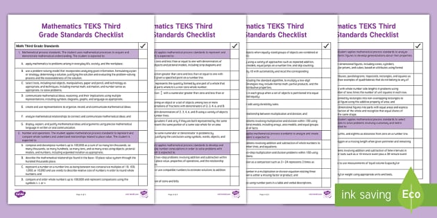 Mathematics TEKS Third Grade Standards Checklist Twinkl