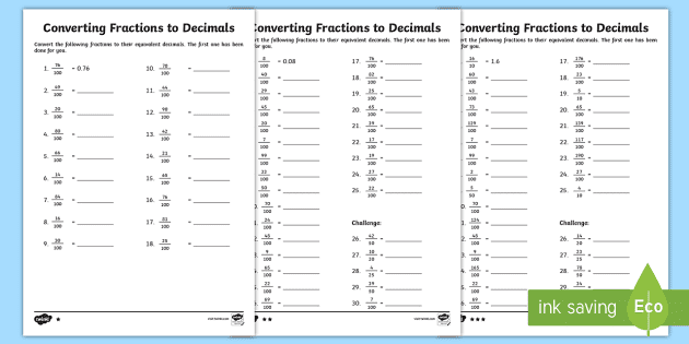 free converting fractions to decimals differentiated worksheets