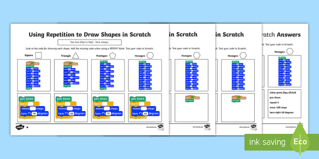 Using repetition to draw shapes in scratch differentiated worksheet