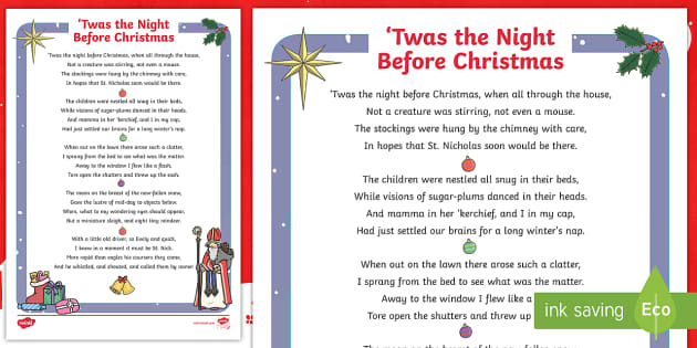 Twas The Night Before Christmas Words Poems To Recite