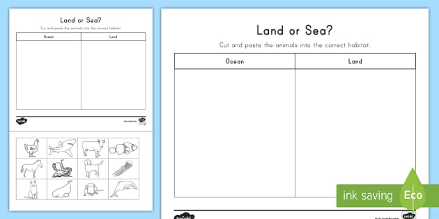 Land and Sea Sorting Worksheet / Worksheet - Ocean, Sea, beach, Land