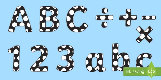 black with white polka dot display lettering