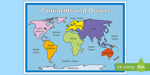 Map Of Seven Continents And Five Oceans Seven Continents Map - Geography Teaching Resources - Twinkl