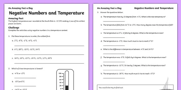 negative numbers and temperature worksheet worksheet worksheet