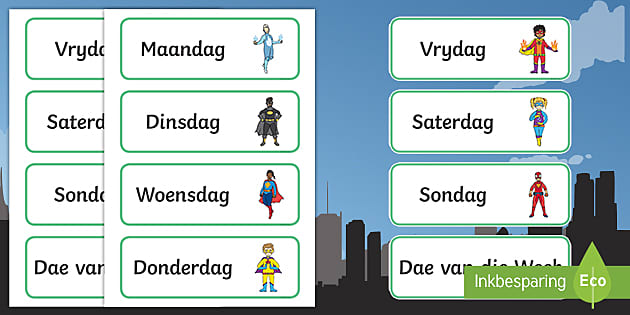 Superhelde-Tema Dae van die Week Woordkaarte (teacher made)