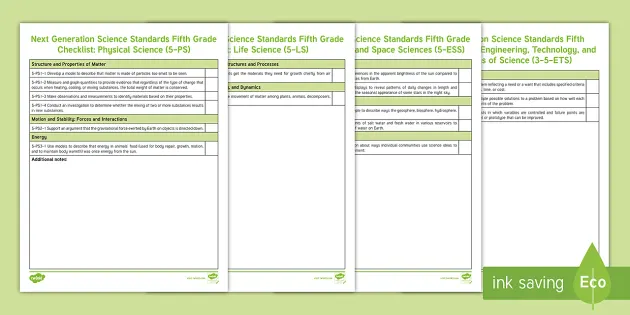 Next Generation Science Standards Fifth Grade Checklist