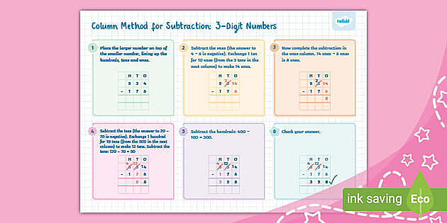 Column Method for Subtraction: 3-Digit Numbers - Twinkl