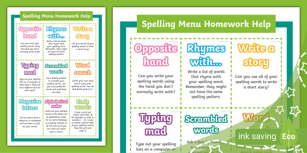 spelling homework menu