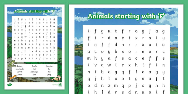 Animals Starting with Letter 'F' Word Search (teacher made)