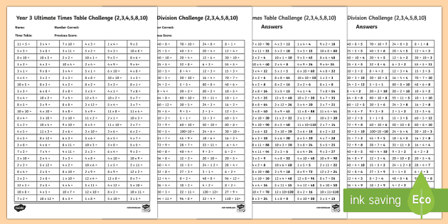 Year 3 Times Table and Division Challenge Sheet - Twinkl