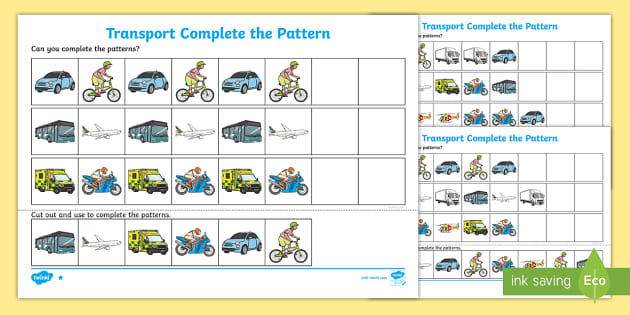 Vehicle-Themed Complete the Pattern Worksheet (teacher made)