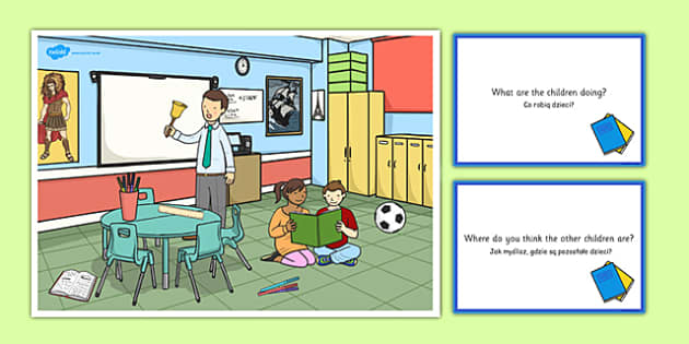 School Scene and Question Cards Polish Translation - Twinkl