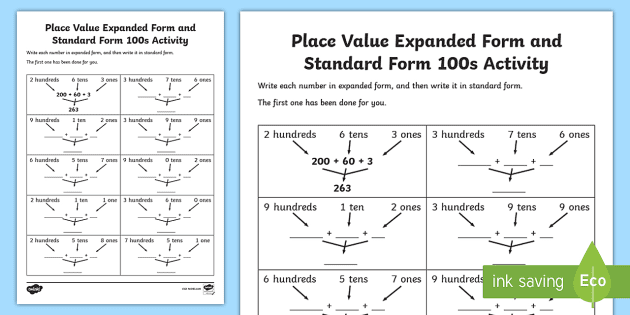 Place Value Expanded Form and Standard Form 100s Worksheet /