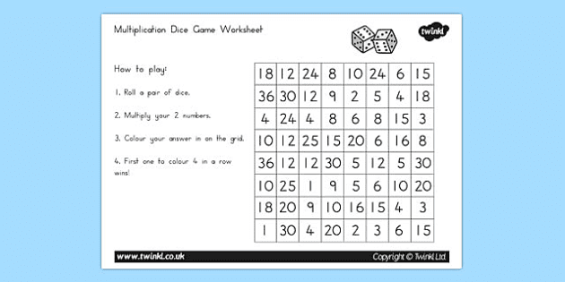 Multiplication Roll and Color Activity (Two Dice) - Twinkl