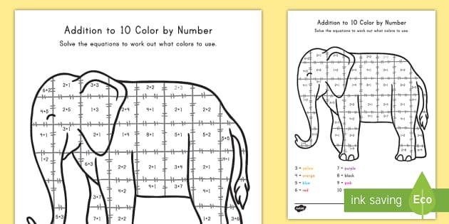 Addition To 10 Elephant Color By Number Math Worksheet