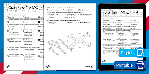 American Civil War Quiz for 6th-8th Grade (Teacher-Made)