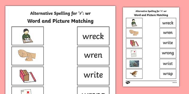 wr' Words phonics word and picture matching worksheet