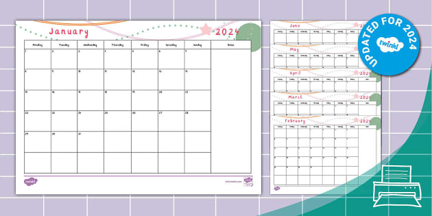 Year at a Glance Single Page Piano Studio Calendar - Editable