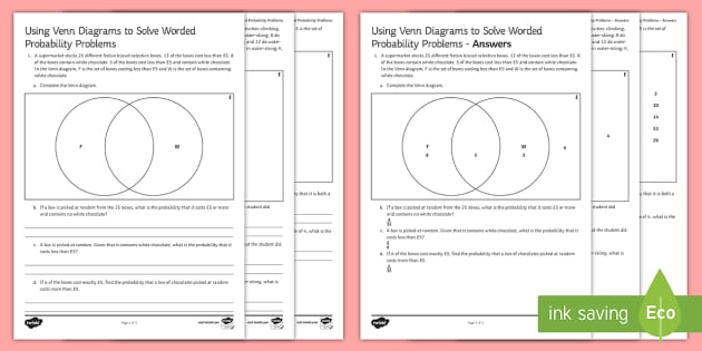 Using Venn Diagrams to Solve Worded Probability Problems Worksheet /  Worksheet