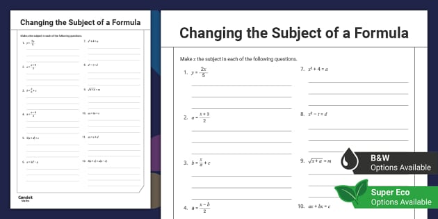 Changing the Subject of a Formula Activity Sheet Twinkl