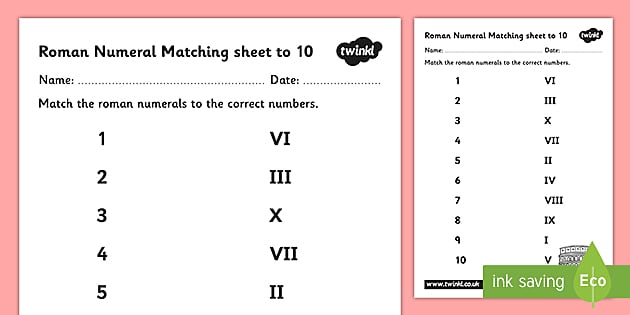 roman numerals 1 10 matching worksheet teacher made