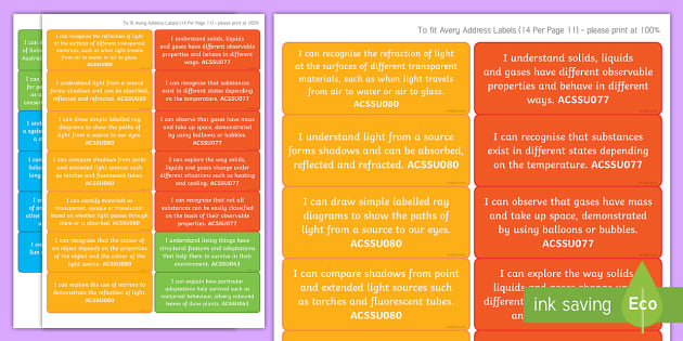 Year 5 Australian Curriculum Science Assessment Stickers