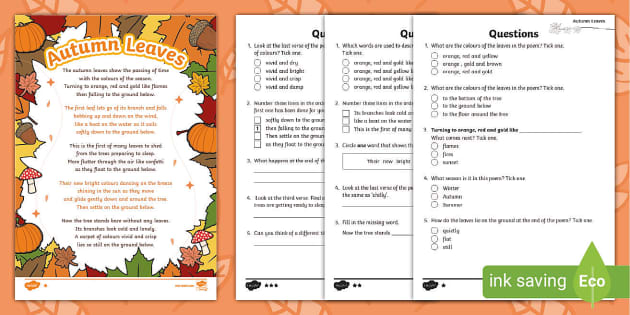 KS1 Autumn Leaves Poem Differentiated Reading Comprehension Activity