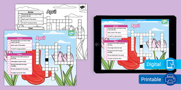April Crossword for K 2nd Grade (Hecho por educadores)