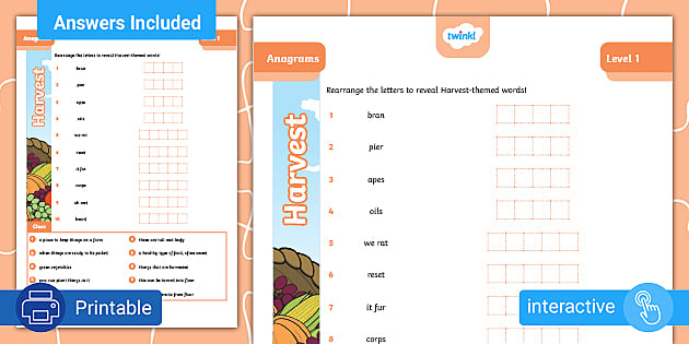 Harvest Anagrams - Level 1 - Twinkl - Kids Puzzles - Twinkl