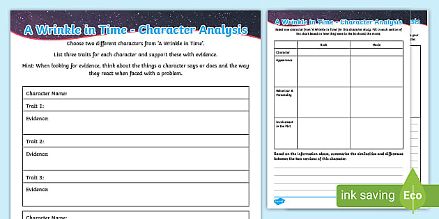 A Wrinkle in Time Worksheet Character Analysis Resource
