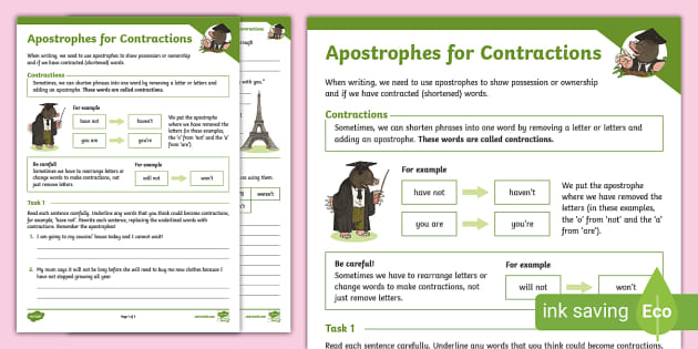 Apostrophes For Contractions Activity Sheets (teacher Made)