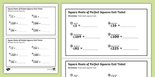 Eighth Grade Square Roots of Perfect Squares Exit Ticket